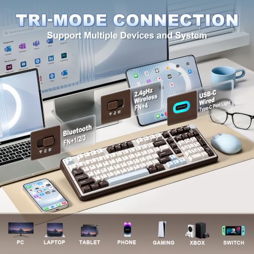 YUNZII B98 PRO QMK/VIA Wireless Mechanical Gaming Keyboard,96% Layout with Numpad and Cute Cat Knob, BT/2.4G/USB-C,Linear Switch Hot Swap Gasket,RGB for Win/Mac (Coffee Browm, Milk V2 Linear Switch) - color: Coffee Browm, size: Milk V2 Linear Switch