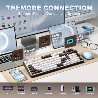 YUNZII B98 PRO 96% Wireless Mechanical Keyboard(Coffee Brown, Milk Switch) | QMK/VIA, with Numpad, Dual-Style Knob Design, Creamy Pre-Lubed Switches, Hot Swap, Gasket Mount, RGB for Gaming/Win/Mac - color: Coffee Brown, size: Milk V2 Linear Switch