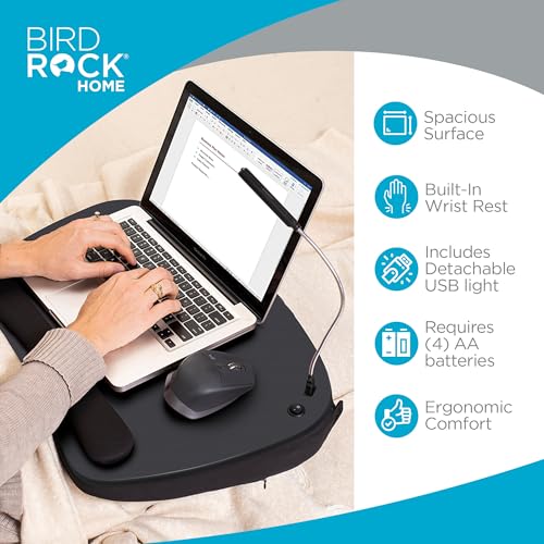 BIRDROCK HOME Oversized Lap Desk with Memory Foam Cushion - Portable w/USB Light & Wrist Rest, Ideal for Work from Home, Students & Gaming, Ergonomic Design for Comfort - Matte Black