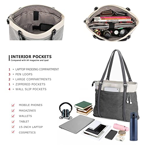 Laptop Tote Bag for Women, 15.6 Inch Work Bag with Laptop Compartment and Zipper, Canvas Computer Tote for Teacher - color: Darkgrey