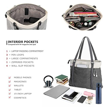 Laptop Tote Bag for Women, 15.6 Inch Work Bag with Laptop Compartment and Zipper, Canvas Computer Tote for Teacher - color: Darkgrey