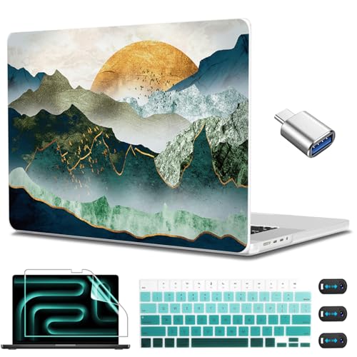 CISSOOK Compatible with MacBook Pro 14 inch Case M5 M4 M3 M2 M1 2026-2021 | A3434 A3427 A3426 A3112 A3185 A3401 A2918 A2992 A2779 A2442, 5in1 Set Anti-Scratch Hard Shell Case Keyboard Cover, Mountain - color: 14inch-Green golden mountains by sunset