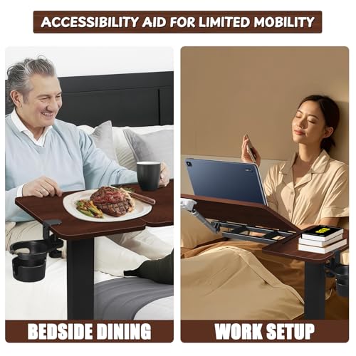Adjustable Overbed Bedside Table with Wheels, Rotatable Desktop Height-Adjustable Bed Table with Wheels, Rolling Tray Desk for Couch Laptop & Hospital Use, Adjustable Tray Table (Rotatable-Wood Color)