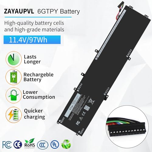 97WH 6GTPY Battery for Dell XPS 15 9550 9560 9570 7590 Precision 5510 5520 | 5530 5540 Vostro 7500 7590,Replacement 4GVGH GPM03 M2X4 5XJ28 05XJ28 5D91C 1P6KD P56F P56F001 P56F002 11.4V