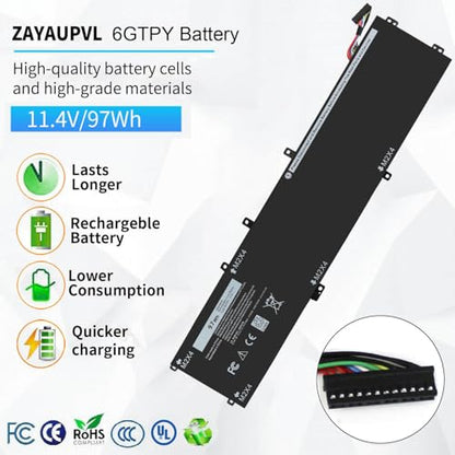97WH 6GTPY Battery for Dell XPS 15 9550 9560 9570 7590 Precision 5510 5520 | 5530 5540 Vostro 7500 7590,Replacement 4GVGH GPM03 M2X4 5XJ28 05XJ28 5D91C 1P6KD P56F P56F001 P56F002 11.4V