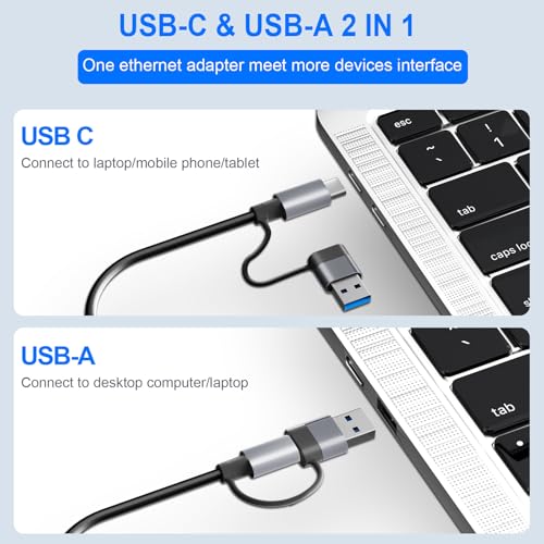 USB C USB 3.0 to Ethernet Adapter, 5 in 2 Gigabit USB Ethernet Hub for Laptop with 4-Port USB-A 3.0 and USBC, 1000Mbps RJ45 LAN Network Adapter Compatible with MacBook/iPad Pro/Phone/Tablet - size: 1000 Mbps
