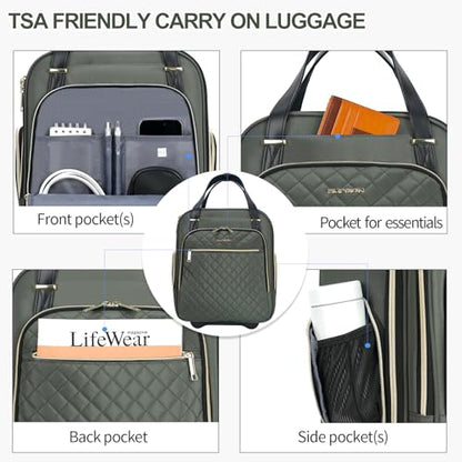 EMPSIGN Underseat Carry On Wheeled - 16" Carry on Bag with Wheels Multi-functional Lightweight Rolling Bag Overnight Weekender Small Suitcase for Women Men Travel Business, Army Green-Gold Zipper - color: Army Green-Gold Zipper