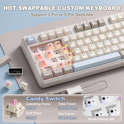 YUNZII B98 PRO Wireless Mechanical Gaming Keyboard, QMK/VIA | 96% Layout with Numpad,Dual-Style Knob Design,Pre-Lubed Switches,Hot Swap,Gasket,RGB for Win/Mac (Beige, Candy Linear Switch) - color: Beige, size: Candy Linear Switch