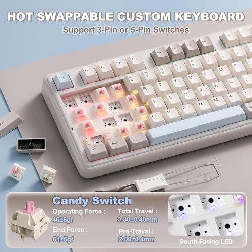 YUNZII B98 PRO 96% Wireless Mechanical Keyboard(Beige, Candy Switch) | QMK/VIA, with Numpad, Dual-Style Knob Design, Creamy Pre-Lubed Switches, Hot Swap, Gasket Mount, RGB for Gaming/Win/Mac - color: Beige, size: Candy Linear Switch