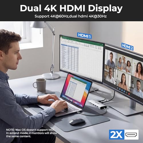USB C Laptop Docking Station Dual HDMI Monitor, 10-in-1 USBC Hub Dongle Dock with 2 HDMI 4K@60Hz, PD Charging, SD/Micro SD for Laptop MacBook/HP/Dell/Surface/Thinkpad… - color: Gray