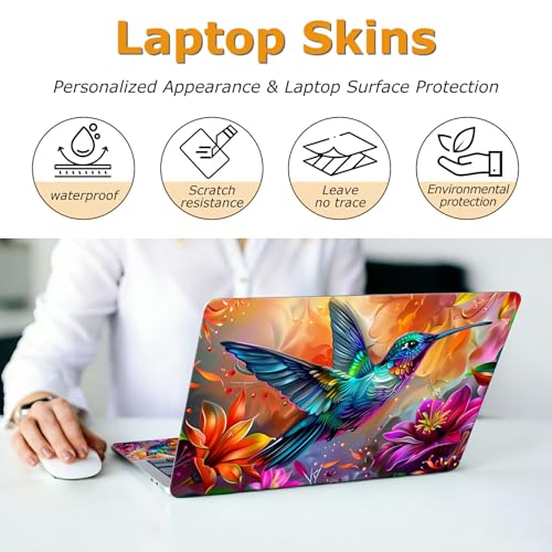 Universal Laptop Skin Sticker with 2 Wrist Pad Decals, 3-Piece Removable Vinyl Laptop Cover, Rainbow Hummingbird Waterproof Anti-Scratch, Easy-Trim Fit for 13.3" 14" 15.6" Laptops - color: Rainbow Hummingbird