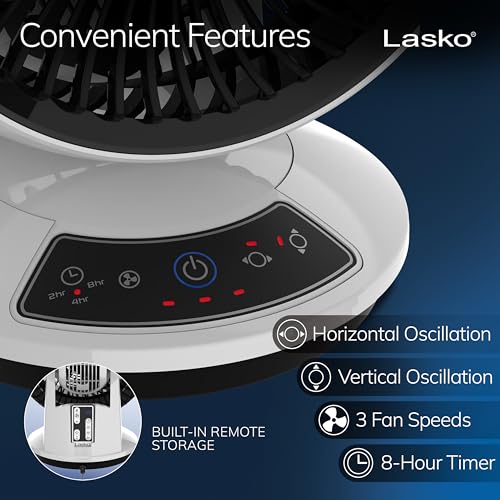 Lasko Whirlwind Orbital Motion Air Circulator Table Fan, 3 Speeds, Timer, Dark Mode, Remote Control for Small and Medium Sized Rooms, White, A12557