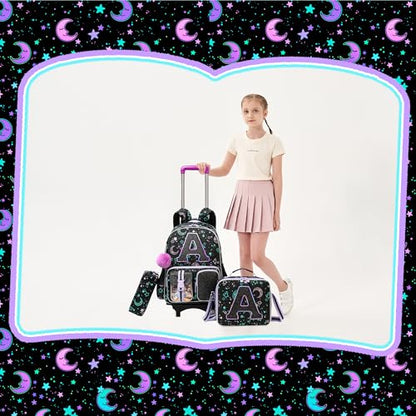 HTgroce Cute Rolling Backpack with Wheel,School Backpack for Kids Girl Roller Schoolbag Wheeled Backpacks Set Carry-on Luggage,Black A - color: Black, style: A