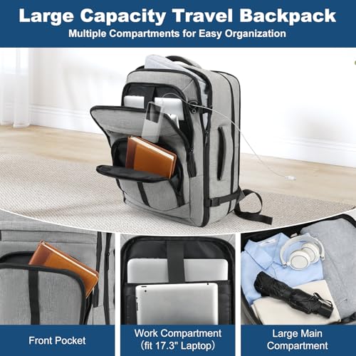 Travel Backpack,Carry on Backpack Expandable 40-50L with USB Cable Port,Fits 17.3 Inch Laptop Notebook,Water Resistant Business Travel Laptop Backpack for Men Women Weekend Trips,Daily Travel,Grey - color: Grey