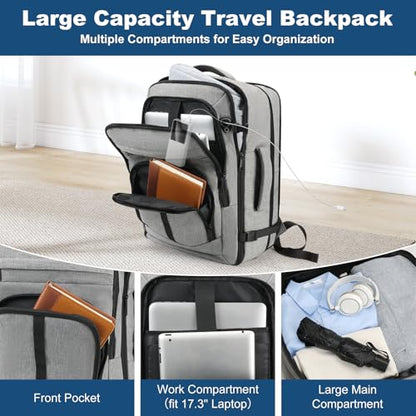 Travel Backpack,Carry on Backpack Expandable 40-50L with USB Cable Port,Fits 17.3 Inch Laptop Notebook,Water Resistant Business Travel Laptop Backpack for Men Women Weekend Trips,Daily Travel,Grey - color: Grey