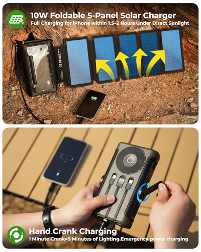 Solar Charger Power Bank Kit: 20000mAh Wireless Portable Charger with 10W Foldable 5 Panels Storage Bag,Hand Crank Emergency & 20W PD Fast Charging External Battery Pack for Camping Travel