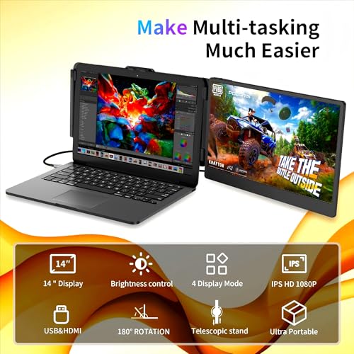 CIDETTY Laptop Screen Extender, 14" Dual Portable Monitor FHD 1080P IPS, USB-C/HDMI Plug & Play Travel Screen for 13-17" Laptops, Compatible with Wins/Mac/Chrome/Switch/Android