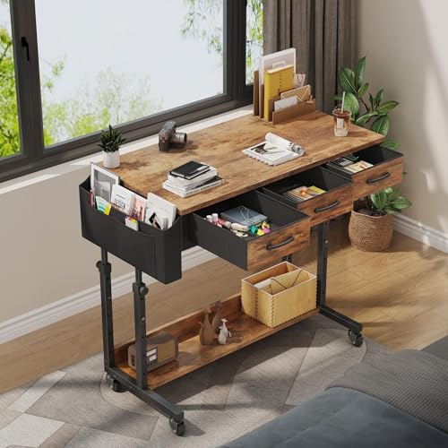 WINAZ Rolling Standing Desk Adjustable Height with Drawers on Wheels, 40 Inch Portable Mobile Stand Up Computer Desks for Bedroom Home Office, Couch Sofa Side Laptop Table with Storage, Rustic Brown - color: Brown, size: 39.5"