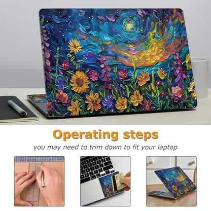 Universal Laptop Skin Sticker with 2 Wrist Pad Decals, 3-Piece Removable Vinyl Laptop Cover, Oil Painting Sunflower Waterproof Anti-Scratch, Easy-Trim Fit for 13.3" 14" 15.6" Laptops - color: Oil Painting Sunflower