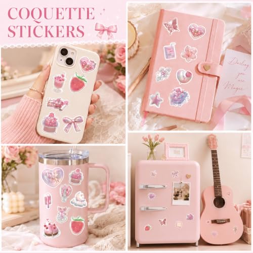 160 Pcs Pink Aesthetic Sticker Coquette Stickers, Cute Butterfly Cake Waterproof Vinyl Stickers, Decorative Decals for Laptop Journal Scrapbook Phone Luggage and Water Bottle