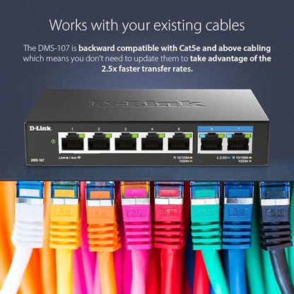 D-Link 7-Port 2.5GB Unmanaged Gaming Switch with 2 x 2.5G, 5 x 10/100/1000 Mbps - Multi-Gig, Network, Fanless, Plug & Play (DMS-107) Black - size: 2 Port 2.5Gb + 5 Port 1Gb