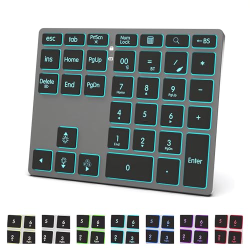 Tri-Mode Aluminum Numpad 7-Color LED Backlit, BT5.0/USB/2.4G Wireless Rechargeable Number Pad 35-Key Scissor Switches Light Up Keycaps for PC/Laptop/Win/Mac, Grey Black