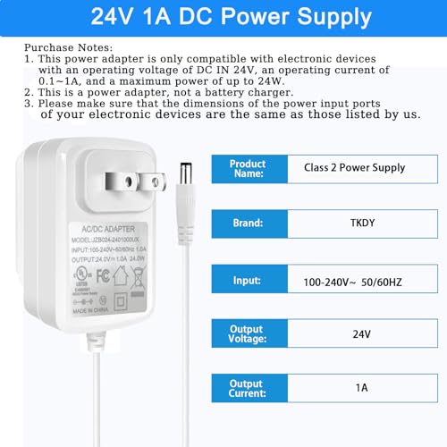 24V Power Supply Withe, AC 100-240V to DC 24 Volt 1A 24W Adapter. | DC 24V Power Cord Class 2 with 5 Tips, for LED Light Strip, String Lights, Soundbar, Massage Gun and More.