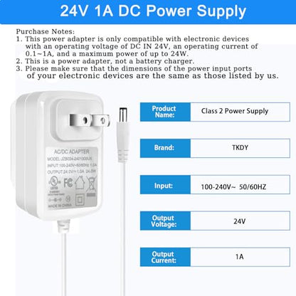 24V Power Supply Withe, AC 100-240V to DC 24 Volt 1A 24W Adapter. | DC 24V Power Cord Class 2 with 5 Tips, for LED Light Strip, String Lights, Soundbar, Massage Gun and More.