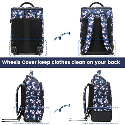 Rolling Backpack Waterproof Commuter Backpack with Wheels for Business, Laptop Compartment for 15.6-Inch Laptop, Wheeled Carry-On Bag for Adults - color: Blue flower