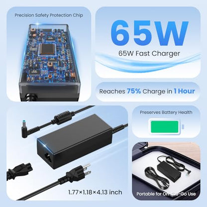 65W Charger Compatible with HP Laptop Charger - 19.5V 3.33A Compatible with HP EliteBook 840 830 850 745 G3 G4 G5 G6,Stream 11 13 14,Pavilion x360 15 13 11,Notebook 14 15 Envy X360 15 17 13 | 4.5x3.0mm blue tip 65W/19.5V Compatible with select 45W/65W lap