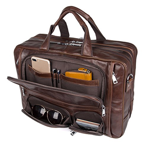 Augus Business Travel Briefcase Genuine Leather Duffel Bags for Men Laptop Bag fits 15.6 inches Laptop - color: Brown