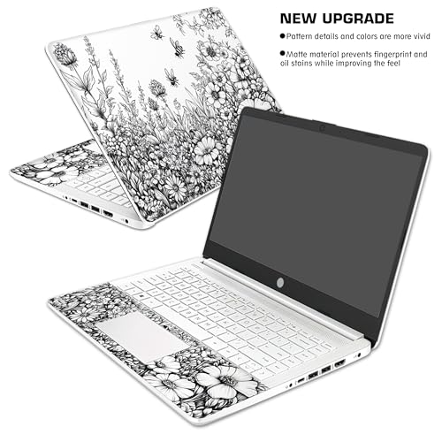 Laptop Skin Decal HP 14" - Black White Botanical, Laptop Cover Sticker, No Cutting Required, No Bubble, Waterproof, Scratch Resistant - Including Wide Screen and Wrist Pad - size: 14 inch