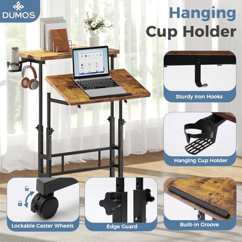 DUMOS Rolling Standing Desk, Sit Stand Desk, Computer Cart | 23.6 Inch Width, Height Adjustable, Split Top, Mobile Laptop Workstation, Office Table, Portable Design, Rustic Brown - color: Brown