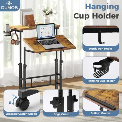 DUMOS Rolling Standing Desk, Sit Stand Desk, Computer Cart | 23.6 Inch Width, Height Adjustable, Split Top, Mobile Laptop Workstation, Office Table, Portable Design, Rustic Brown - color: Brown