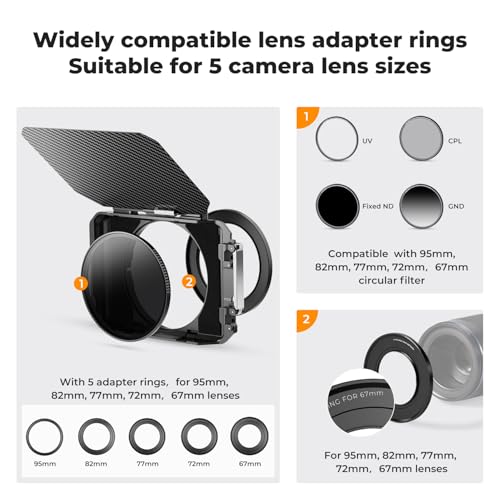 K&F CONCEPT Matte Box with Carbon Fiber Top Flag, with 5pcs Adapter Rings | DSLR Camera Matte Box with Carbon Fiber Top Flag, with 67/72/77/82/95mm Adapter Rings-FM702