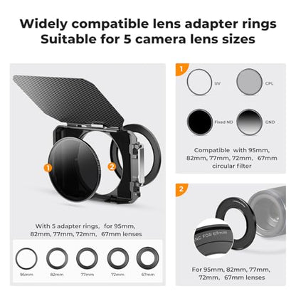 K&F CONCEPT Matte Box with Carbon Fiber Top Flag, with 5pcs Adapter Rings | DSLR Camera Matte Box with Carbon Fiber Top Flag, with 67/72/77/82/95mm Adapter Rings-FM702