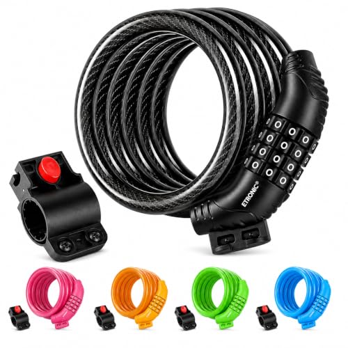 Etronic Bike Lock M6, Cable Lock 6 Feet Long Coiled Security Resettable Combo Combination Lock Bicycle Lock with Mounting Bracket - color: Black