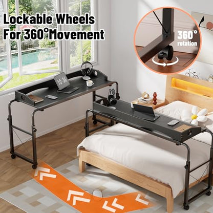 Overbed Table with Wheels, Adjustable Queen Size Bed Desk, Black | Fits Twin To King Beds, Adjustable Height & Length Rolling Over Bed Table For Hospital and Home, with 4 Locking Casters - color: Black