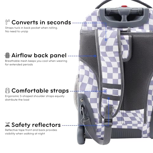 J World Sundance Laptop Rolling Backpack for Girls Boys. Roller Bookbag with Wheels, 20 Inch, Lavender Checkers - color: Lavender Checkers