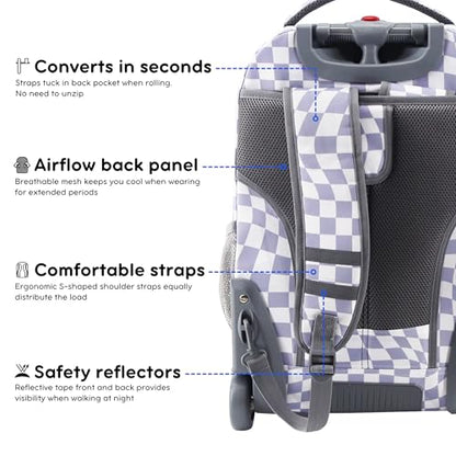 J World Sundance Laptop Rolling Backpack for Girls Boys. Roller Bookbag with Wheels, 20 Inch, Lavender Checkers - color: Lavender Checkers
