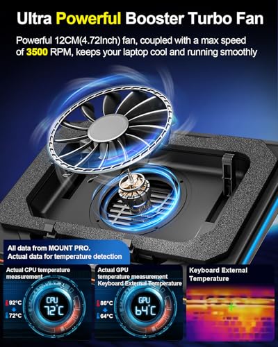 MOUNT PRO Gaming Laptop Cooling Pad, RGB Laptop Cooler Stand with Powerful Turbofan (3500 RPM), Height Adjustable Laptop Fan Cooling Pad for 13-19 Inches Notebook, with Sealed Foam, Touch Control