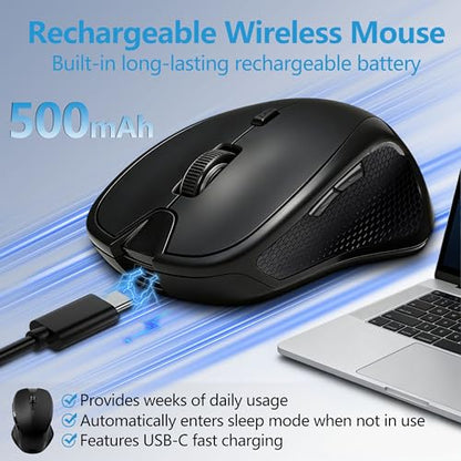 Rechargeable Bluetooth Mouse with Built-in Mouse Jiggler, Multi-Device Wireless Mouse for MacBook, iPad, Laptop & PC, USB-C/USB-A Receiver, BT5.2/3.0 & 2.4G, Silent Ergonomic Office Mouse - Black - color: Black