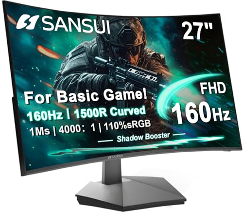 SANSUI 27 Inch Curved 160Hz Gaming Monitor 144Hz FHD 1080P Computer Monitor | 27” 1500R Curved PC Monitor, FPS/RTS, MPRT 1Ms, FreeSync, HDR, 4000:1, 110% sRGB, Low Blue Light, HDMI DP Ports for Gaming - size: 27.0001