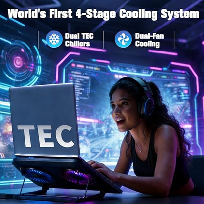Dual-Core TEC Laptop Cooling Pad with Dual Stepless-Quiet Fans, 5-Height Adjustable Laptop Cooling Stand, 10-Level RGB for 13-17 Inch Laptops, Includes 15W Charger, Smoky Black