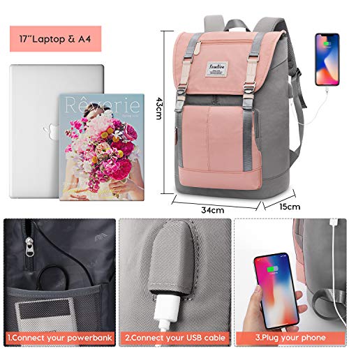 YAMTION 17 Inch Women Backpack School Bags for Teen Girls,College Student Bookbag Computer Backpack with USB Charging Port - color: Pinkgrey