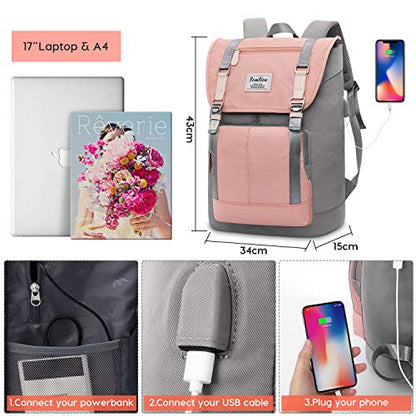 YAMTION 17 Inch Women Backpack School Bags for Teen Girls,College Student Bookbag Computer Backpack with USB Charging Port - color: Pinkgrey