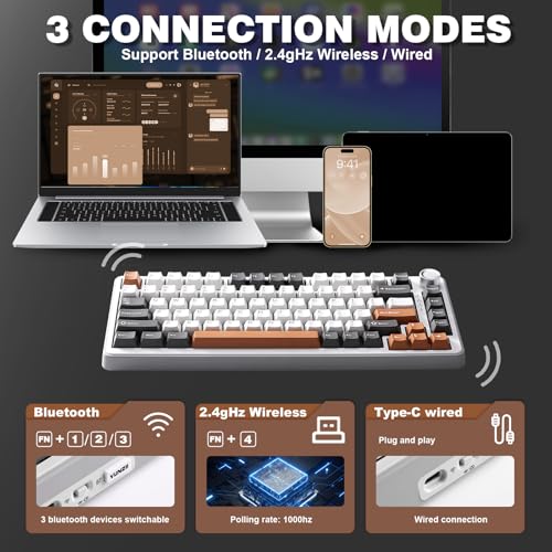 YUNZII B75 PRO Wireless Mechanical Gaming Keyboard | Custom 75% Layout with Knob,Gasket Mount,Hot Swap,Creamy Pre-lubed Switch,BT/USB-C/2.4G(Milk Switch,Grey) - color: Grey, size: Milk Switch