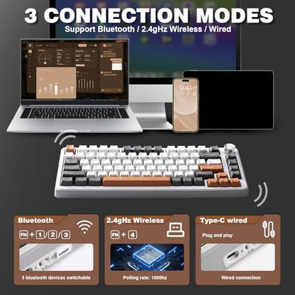 YUNZII B75 PRO Wireless Mechanical Gaming Keyboard | Custom 75% Layout with Knob,Gasket Mount,Hot Swap,Creamy Pre-lubed Switch,BT/USB-C/2.4G(Milk Switch,Grey) - color: Grey, size: Milk Switch