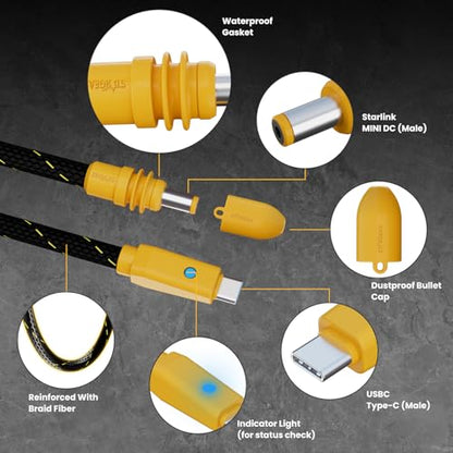 Starlink Mini Cable 6.5FT, 16AWG Starlink Cable with Indicator Light 140W USB C to DC, Braided Wear-Resistant Accessories for Starlink Work with 20V/100W, 28V/140W PD Power Source (Yellow) - size: Yellow Braided 6.5FT with LED
