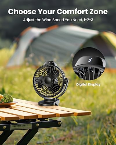 Koonie Portable Clip On Fan, Small Rechargeable Battery Operated, 3 Speeds | Mini Clamp Fan With LED Display, 360° Rotate Personal Cooling Desk Fan for Stroller Bed Travel Camping Golf Gym - color: black